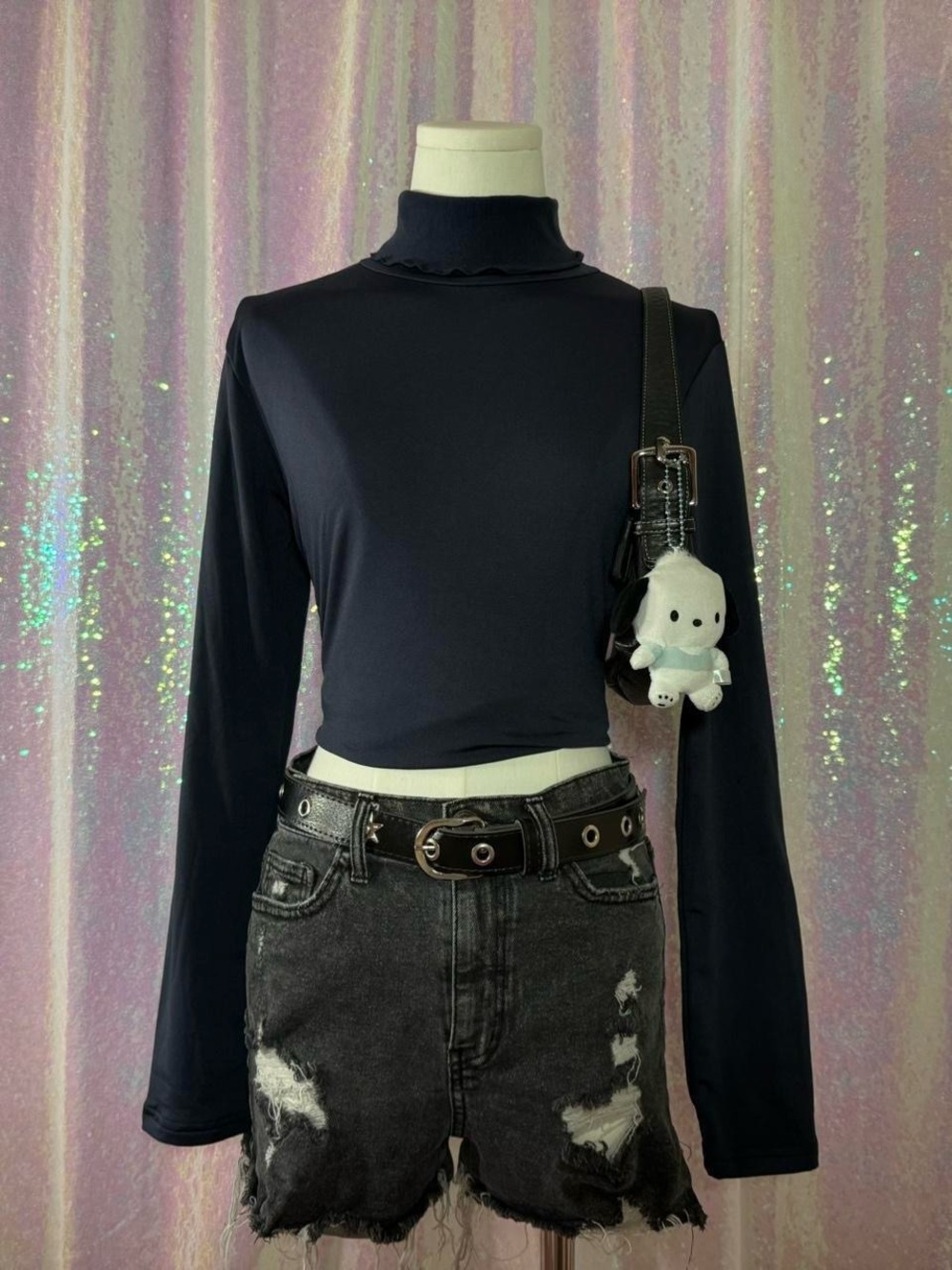 Navy Blue Warm Lined Insulated Cropped Turtleneck Top (M) ★彡